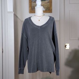 Aerie Charcoal Grey Waffle Knit Oversized V-Neck Sweater L